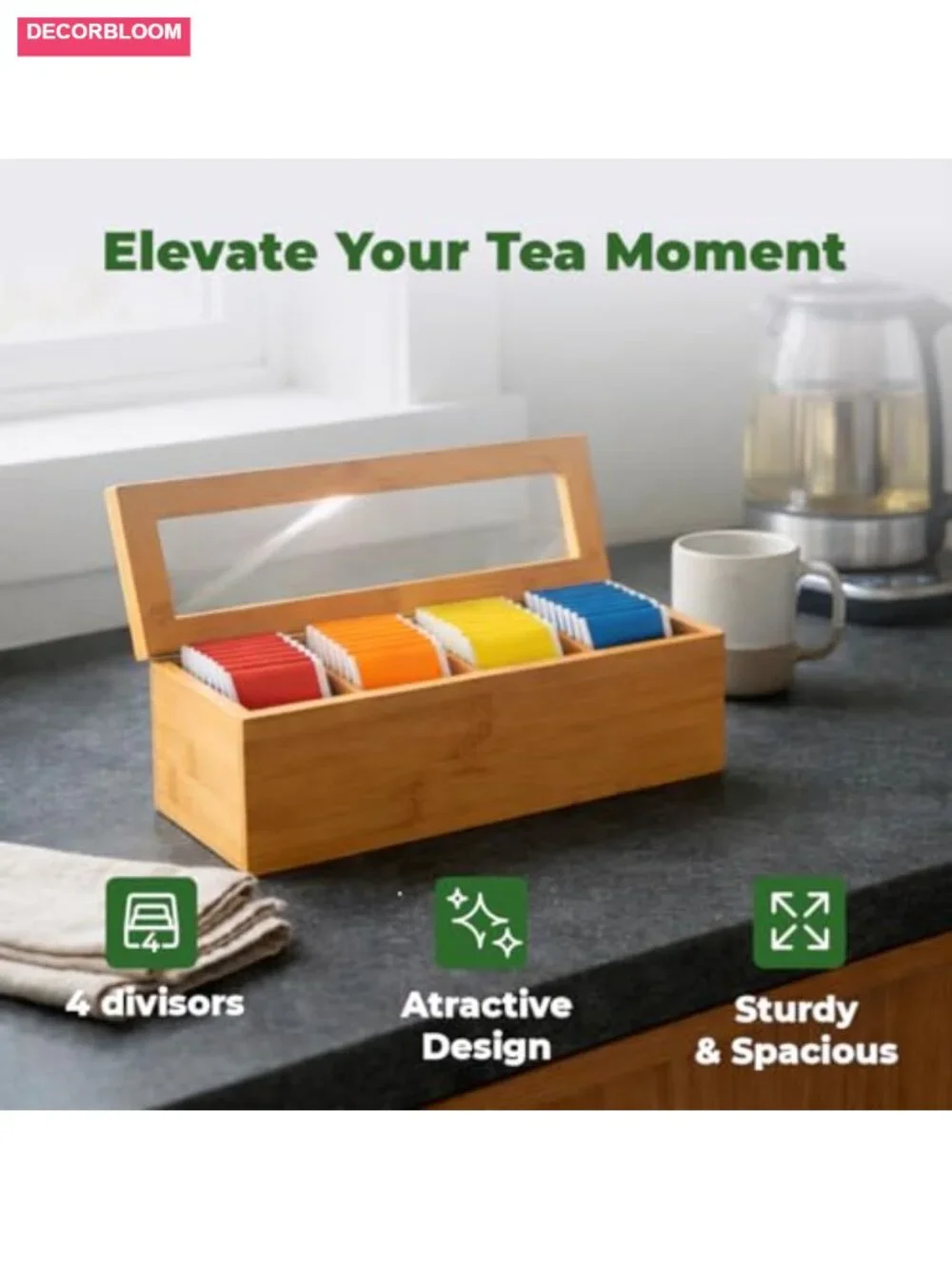 Bamboo Tea Bag Organizer with Acrylic Lid - Tea Storage Box for Counter or
